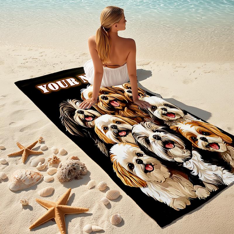 1PC Custom Name "Shih Tzu Puppies Portrait" Beach Towel Highly Absorbent And Sand-Resistant Towel for Swimming, Pool, Yoga, And Travel Lightweight