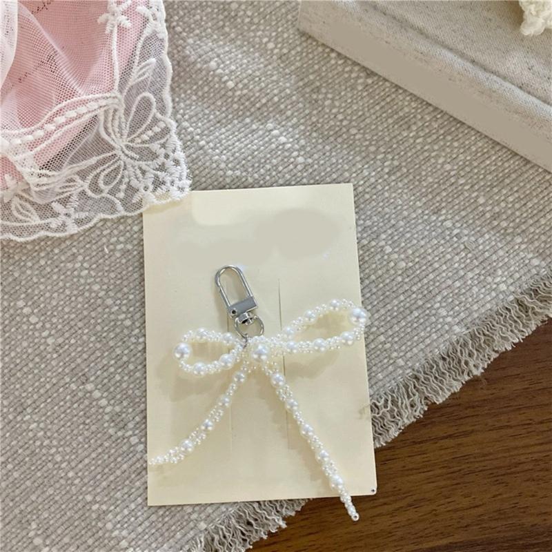 Bowknot Shaped Keychain Pendant Pearls Beaded Butterfly Knots Key Chain Fashionable Bows Ornament for Phones Bag Car Key