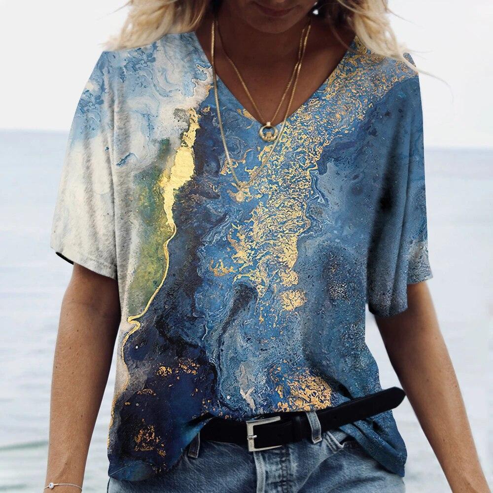 Summer Fashion Textured 3D Print T-shirts Women Casual Streetwear Short Sleeve V-Neck T Shirt Harajuku Tees Tops Clothing