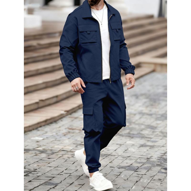 Set da Uomo Vintage Americano Aviatore Lavoro Largo Giacca con Collo a Revers e Pantaloni Lunghi