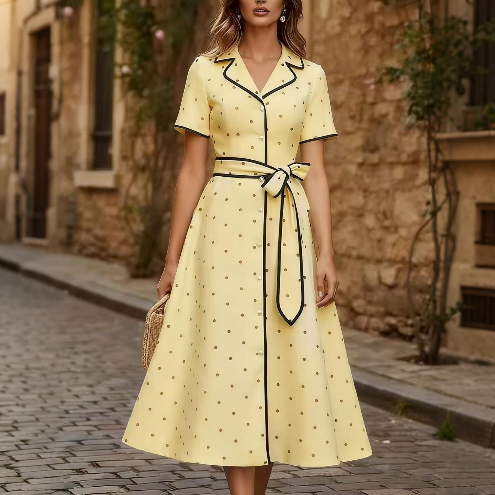 Women s Polka Dot V Neck Button Front Dress with Waist Tie Short Sleeve Midi Dress Casual Elegant Style L жёлтый