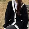 HOUZHOU Knitted Cardigan Sweater Women Korean Style Chic Patchwork Black Oversized Single Breasted Knitwear