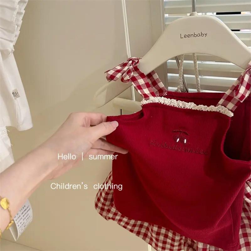 Сладкий детский комплект жилета и шорт 2024 летний трендовый наряд для девочек от 3 до 8 лет Cherry Strap,80