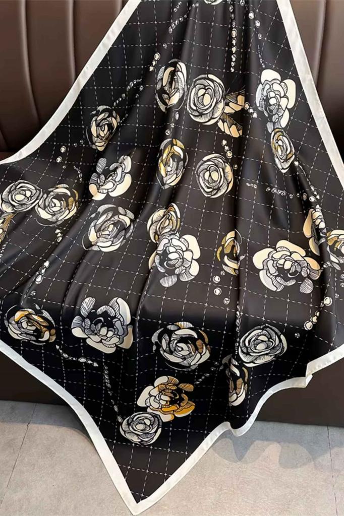 Women' Scarf 90X90 "Black Rose" - Elegant Imitation Silk Scarf with a Flower Motif