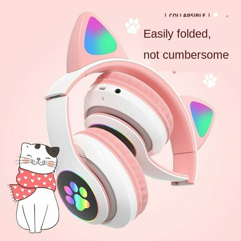 Wireless Cute Cat Ear Headphones Bluetooth Headset LED Stereo Music Helmet Phone with Mic Flash Lights Earphone for Kids Gifts