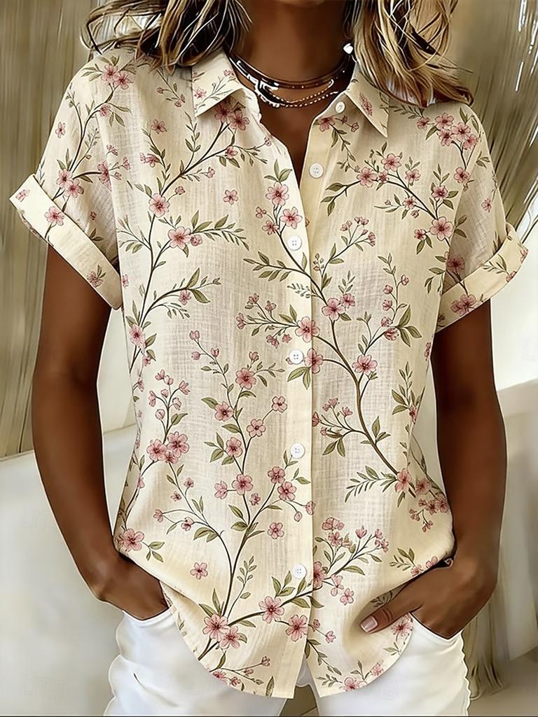 Women's Beige Floral Print Button Down Shirt, Casual Tops for Spring Summer Daily Streetwear & Vacation Occasions