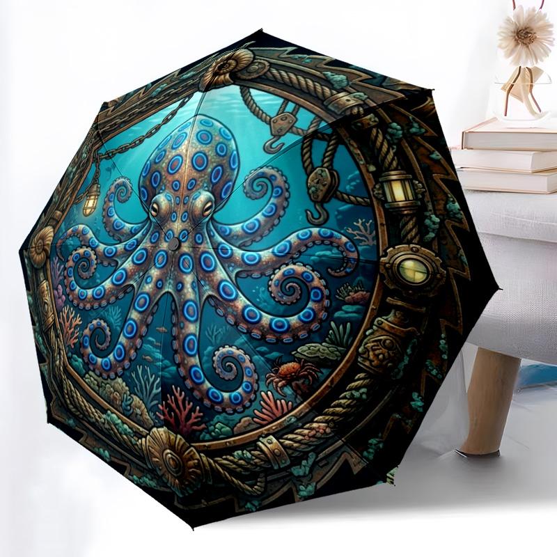 Oceanic Steampunk Octopus pattern umbrella, portable and foldable design, 8 ribs, a casual accessory for Halloween, Christmas, and birthday gifts.