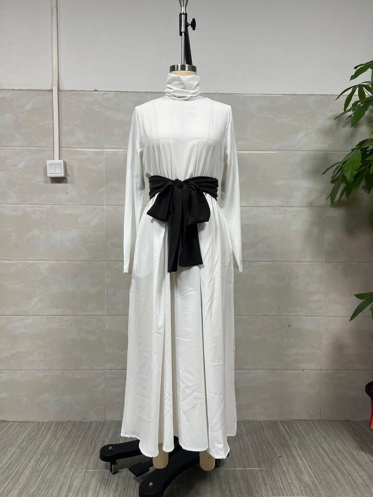 2025 Women's High Neck Long Sleeve Midi Dress with Color Block Belt