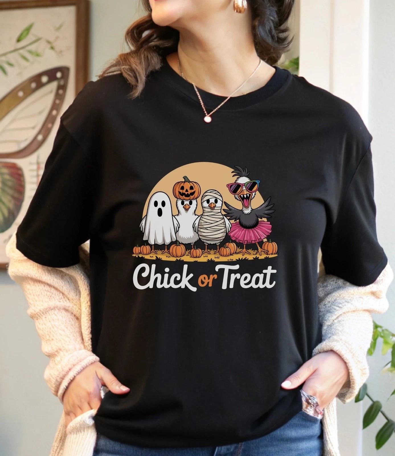 Chick or Treat T-Shirt, Funny Halloween Shirt, Cute Chicken Ghost T-Shirt, S
