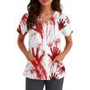 Women V Neck Short Sleeve Scrub Top with Pockets Halloween Themed Printed Work Uniform for Nurses and Caregivers