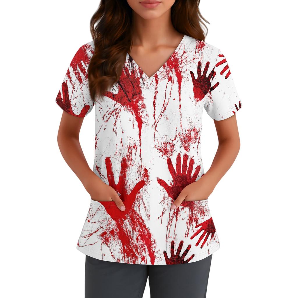 Women V Neck Short Sleeve Scrub Top with Pockets Halloween Themed Printed Work Uniform for Nurses and Caregivers