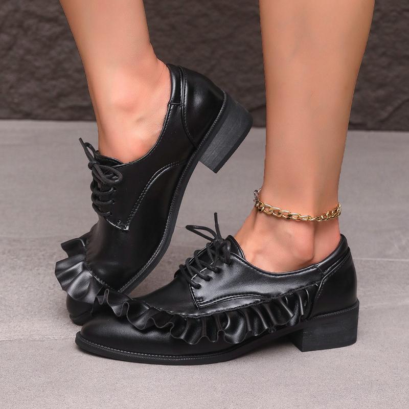 Fashion Women Ruffles Designer Lace Up Shoes Cowhide Genuine Leather Pumps Comfortable Low Cut Low Heels Shoes Party Footwear