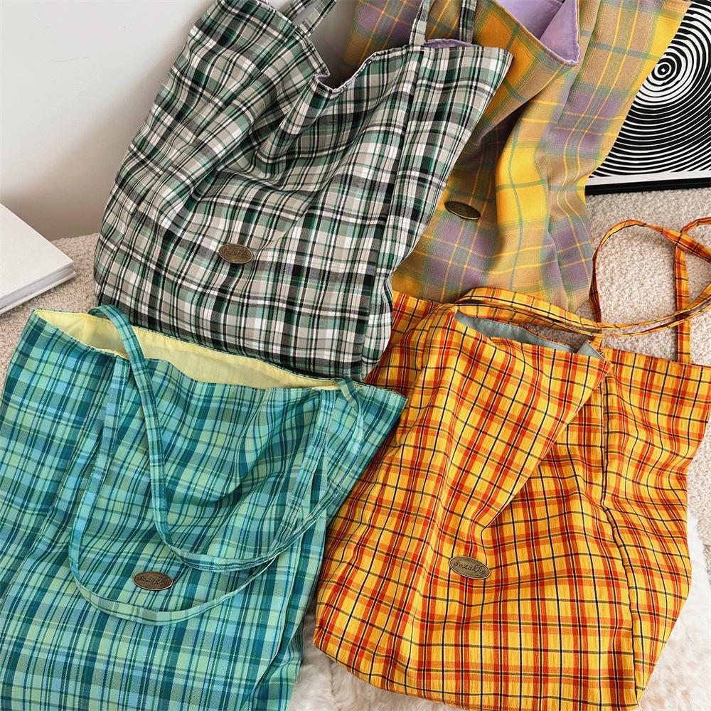 Large Capacity, Minimalist, Single Shoulder Checkered Bag, Lightweight, Commuting Canvas Bag, Double-sided, Dual-use Tote Bag