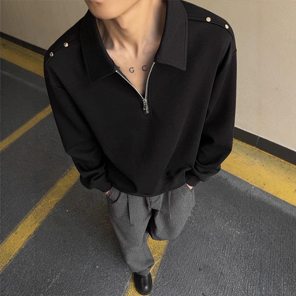 Heavy Semi-zipper Sweater for Men's Design Sense Metal Rivet Decoration Lapel Coat Top