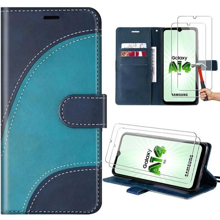 Coque de protection - BOOLING - pour Samsung Galaxy A14 4G-5G - Cuir PU - avec Fermeture Support - 2 Verres Trempés