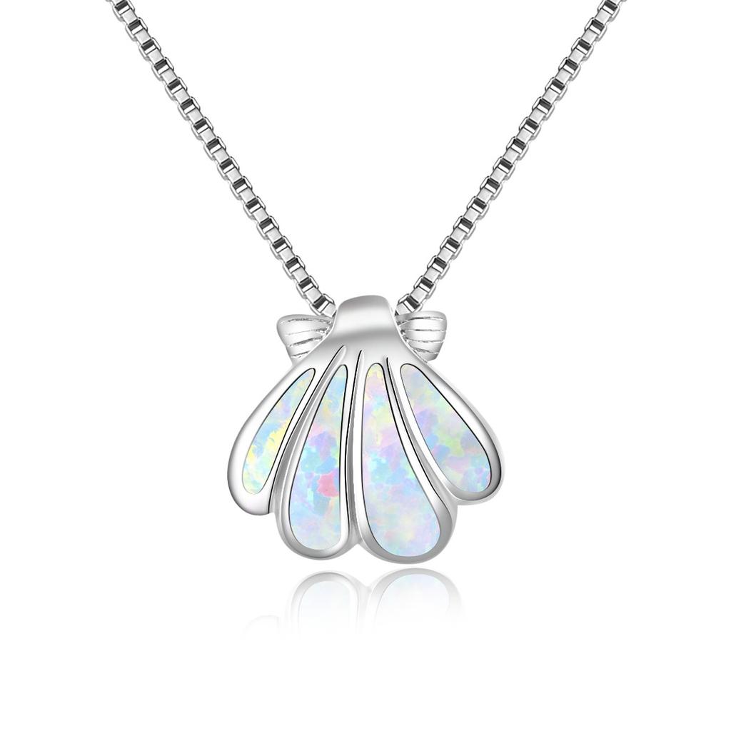 New Christian European American Fashion Accessories White Opal Copper Necklace Scallop Pendant Sweater Chain Silver Plated