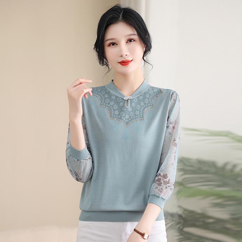 Elegant 2026 Spring/Autumn Knitted Top with Qipao Collar & Gauze Sleeves for Middle-aged and Elderly Women.