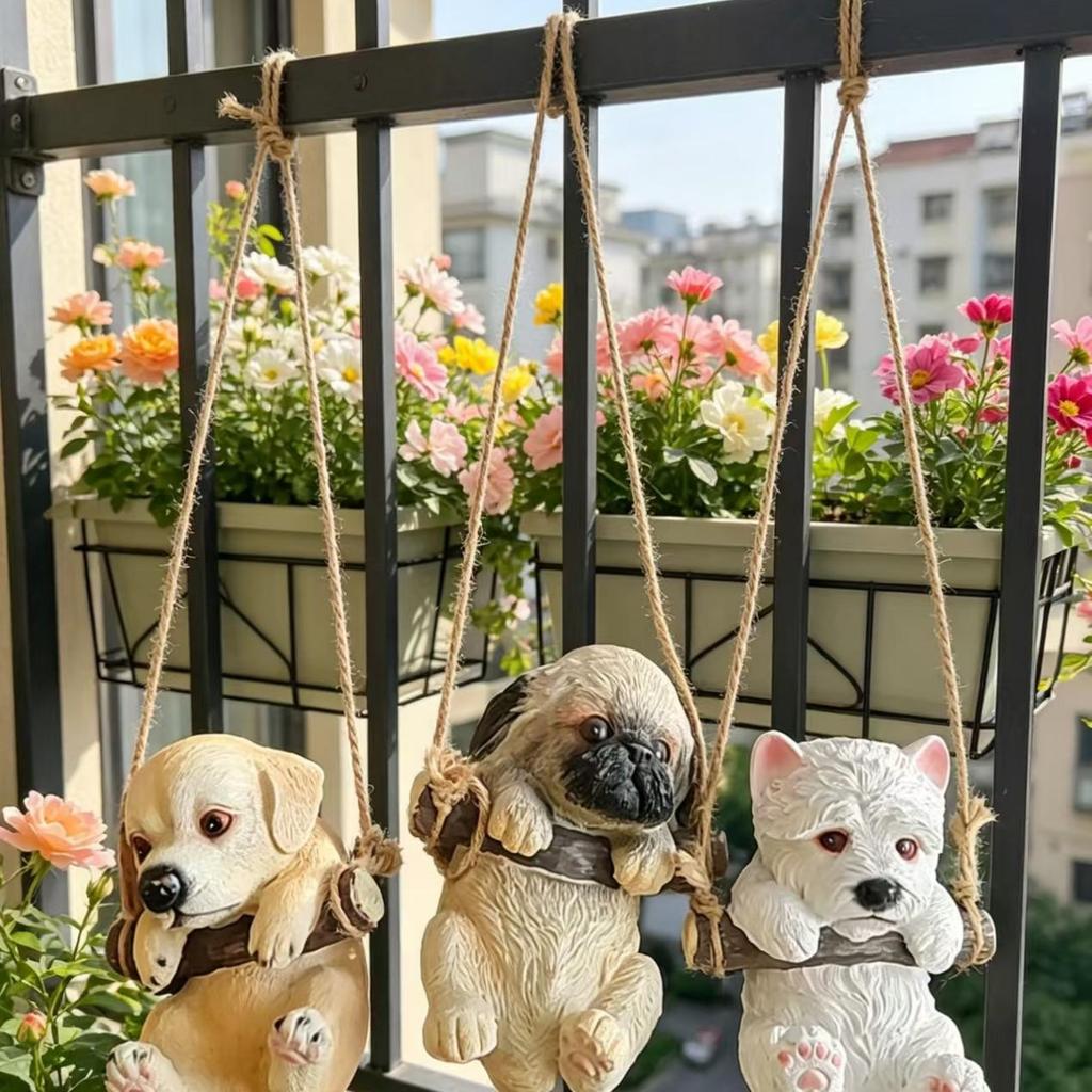 Resin Dog Swing Hanging Ornament for Indoor/Outdoor Garden, Courtyard, Balcony, Flower Pot Decoration