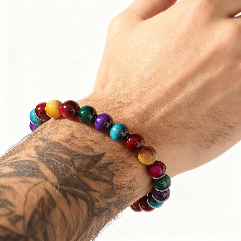 Festive Gifts Multicolor Rainbow Agate Beaded Bracelet Vibrant Fashion Jewelry For Men And Women Daily Wear Simple Versatile Accessory