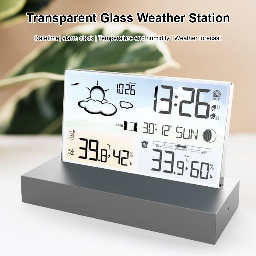 Stație meteo fără fir Interioară în aer liber cu senzori Afișaj color din sticlă transparentă digitală