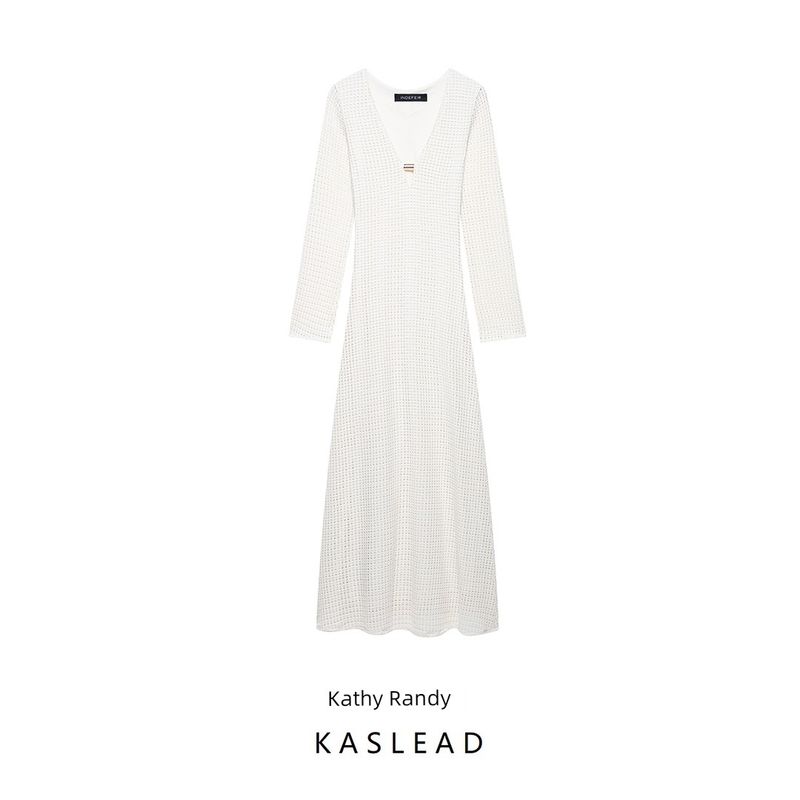 Kaslead New Women clothes Western Style Fashion Crochet Midi Long sleeve dress 0387054 712