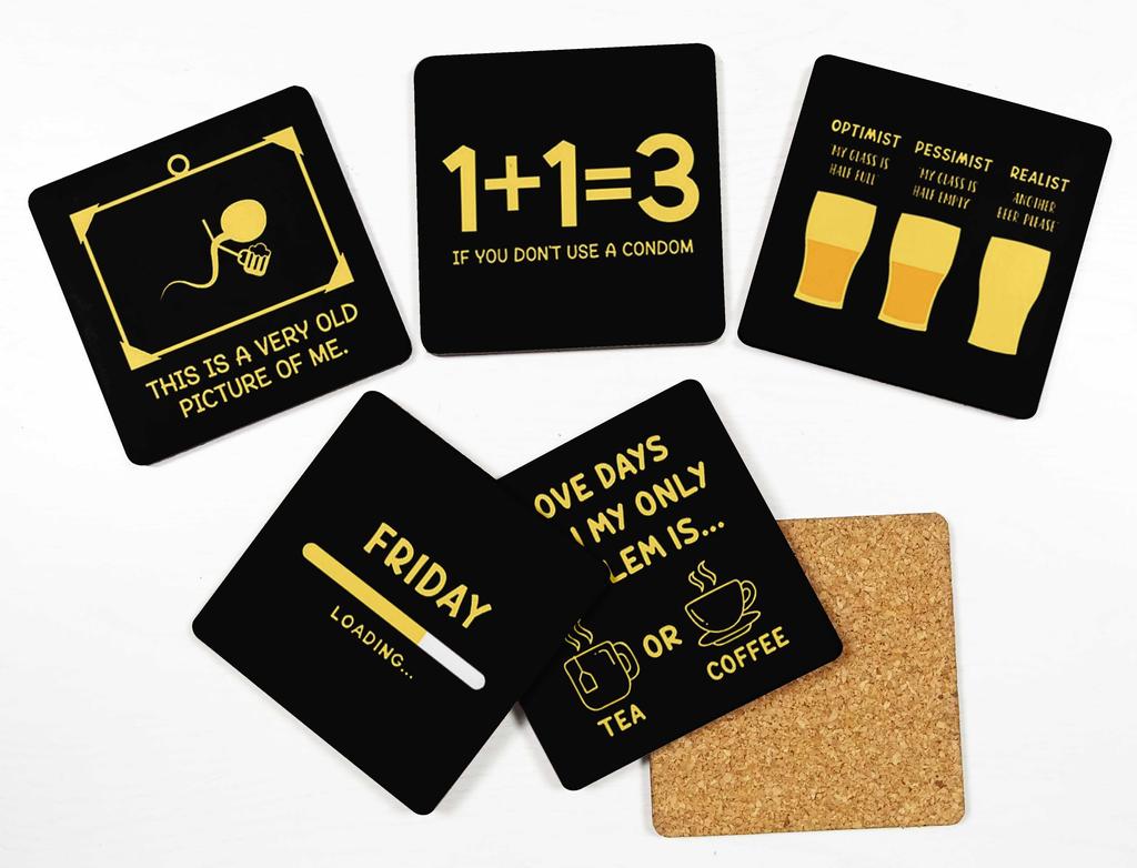 Inkdotpot Set of 6 Drink Coasters Easy Clean 4 Inch Square  Coasters  Cork Base-  Reusable- Funny Bachelor