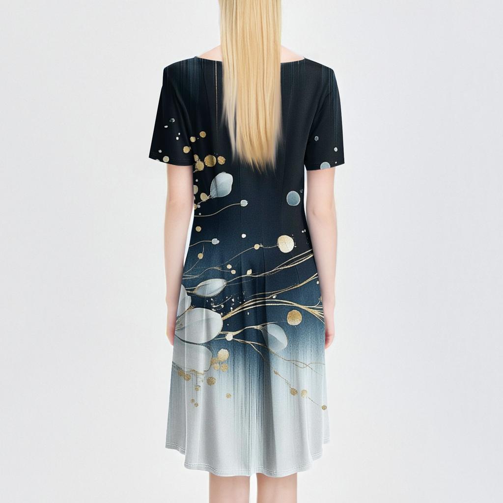 Women's Casual Fashion Round Neck Short Sleeve Print Midi Dress