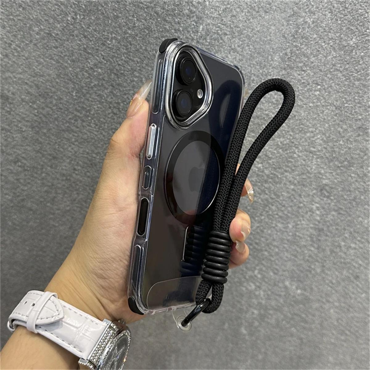 

Роскошный бампер Shockpoof для чехла Magsafe для iPhone 16 Plus 15 14 13 Pro Max, мягкий силиконовый магнитный чехол с петлей для шнурка iPhone 13 чёрный