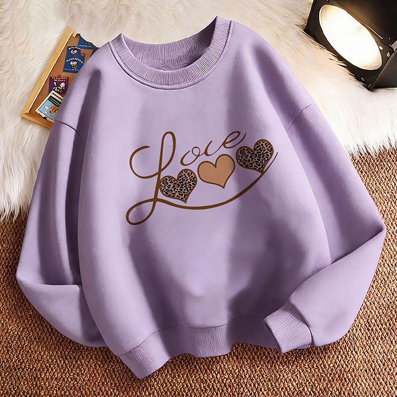 Love Heart Printed Hoodie Long Sleeve Sweatshirt Pullover Spring Crew Neck Graphic Print Hoodie Girl