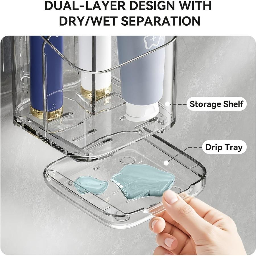 1pc Transparent Wall-Mounted Toothbrush Holder (with Divided Compartments & Drainage Design) Bathroom Space-Saving Storage Accessory