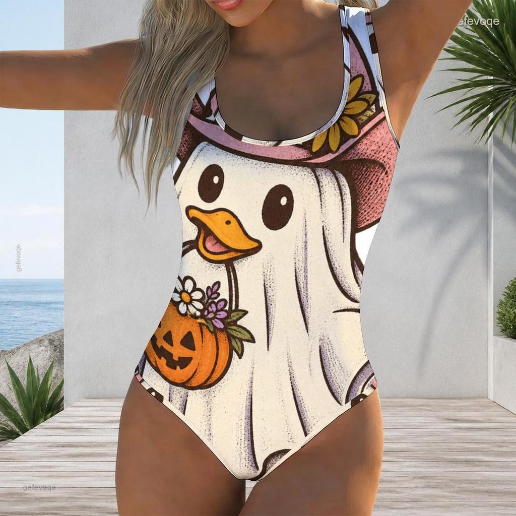 Women Plus Size Sleeveless U Neck Halloween Ghost Pumpkin Print One Piece Swimsuit