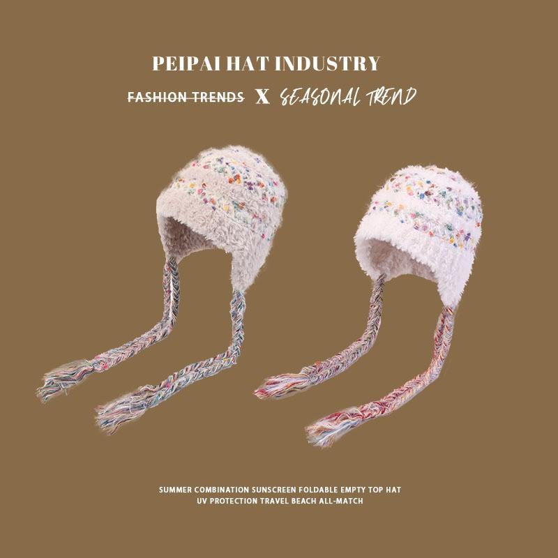 (Sister Vine) Warm in autumn and winter Color snowflake velvet hand-woven lace-up female cute knitted hat