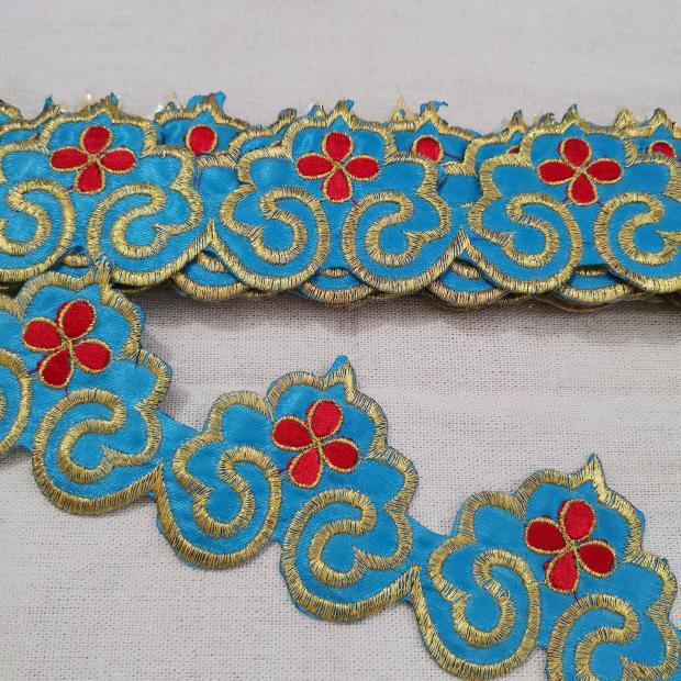 Longevity Peach Gold Embroidered Iron-on Applique with Self-Adhesive Long Strip for Skirt Hem or Stage Waistband.