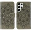 For Samsung Galaxy S24 Ultra Case Rhinestone Decor PU Leather Mandala Imprinted Design Phone Cover with Wrist Strap