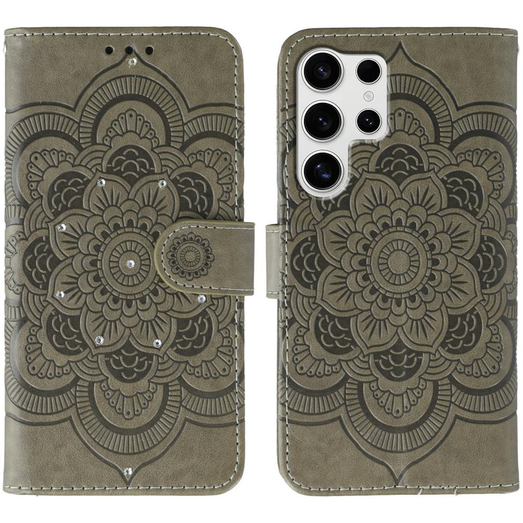 For Samsung Galaxy S24 Ultra Case Rhinestone Decor PU Leather Mandala Imprinted Design Phone Cover with Wrist Strap