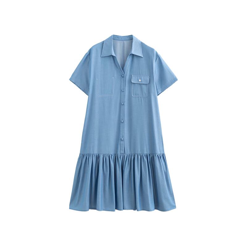Chuyu Women's Faux Denim Spliced Mid-Length Shirt Dress