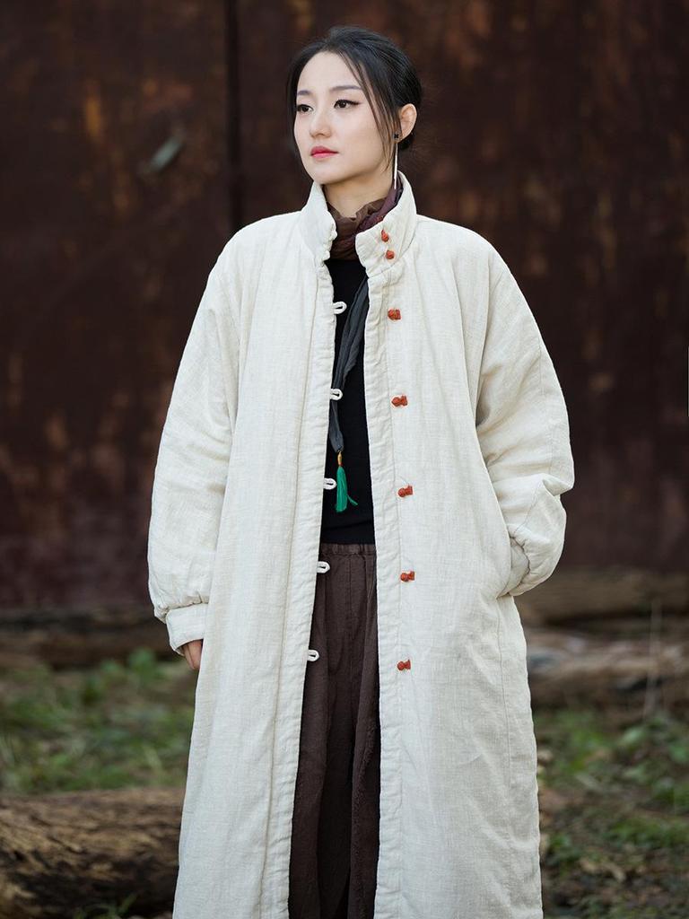 Women's Retro Chinese Style Cotton Linen Jacket with Plate Buckle - Sand Washed, Loose Fit, Padded Warmth