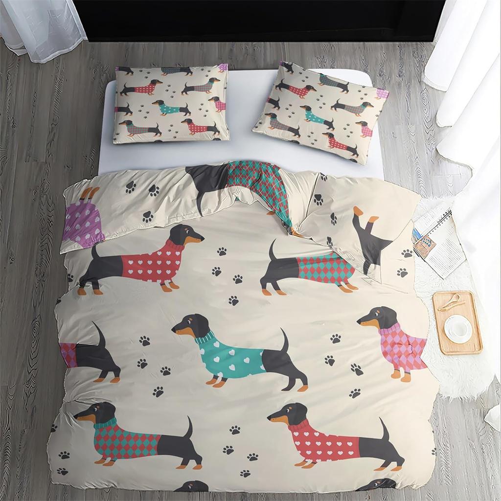 Dachshund Dog Bedding Queen Duvet Set, Soft Microfibre Duvet Cover with Pillow cases, Bedding Quilt Cover Set with Zipper