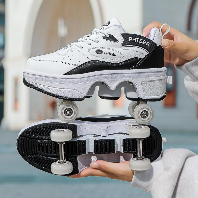 33-42 Kids/ Mens Four Wheels Sneakers with On Double Wheels Roller Sneakers Deformation Roller Skate Shoes for Girls