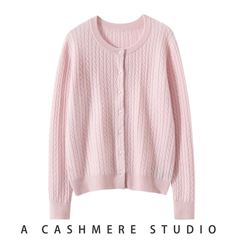 Women's Solid Cashmere Cardigan - 2024 Round Neck Cable Knit Loose Fit