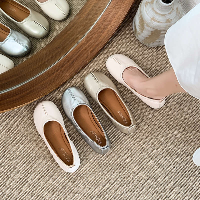 Soft Leather Retro Flat Single Shoes for Women New Style of One-foot Bean Shoes Grandma Shoes