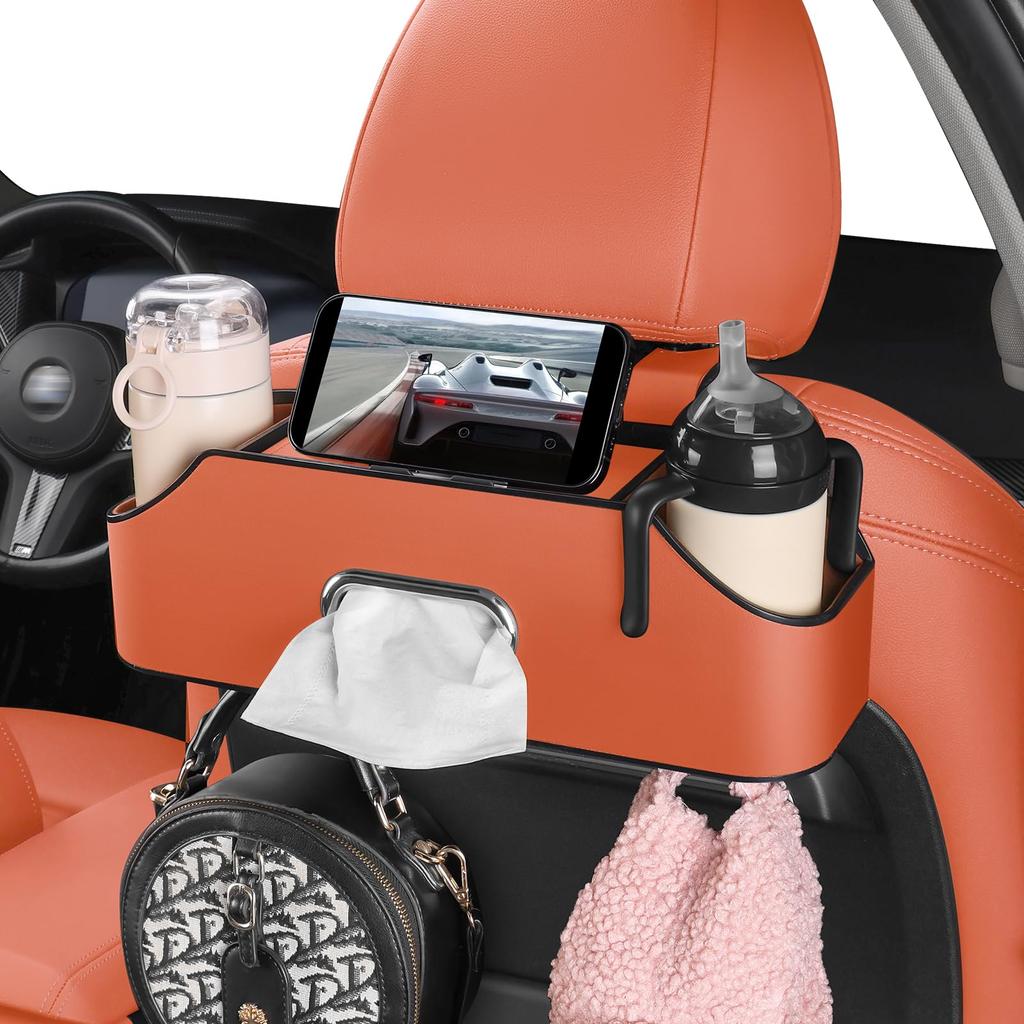 Sancaral Car Leather Multifunctional Rear Seat Drink Holder Tissue Box and Headrest Cup Holder Storage Car Travel Storage Item (with Hook), Box,