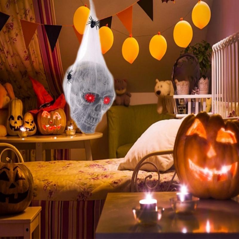 Halloween Horror Glowing Sound Control Spider Cotton Skull Prop with Light Up Eyes Ghost House Secret Room Courtyard Decoration