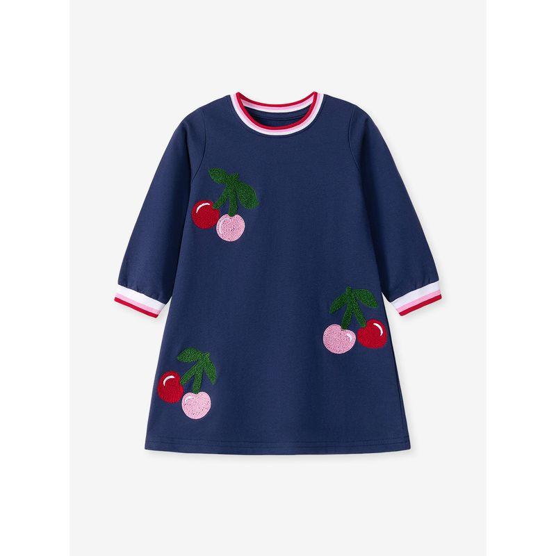 Girls' Dress Spring and Autumn 2025 New Stylish Children's Dark Blue Cherry Mid-Length Casual Sweatshirt Dress