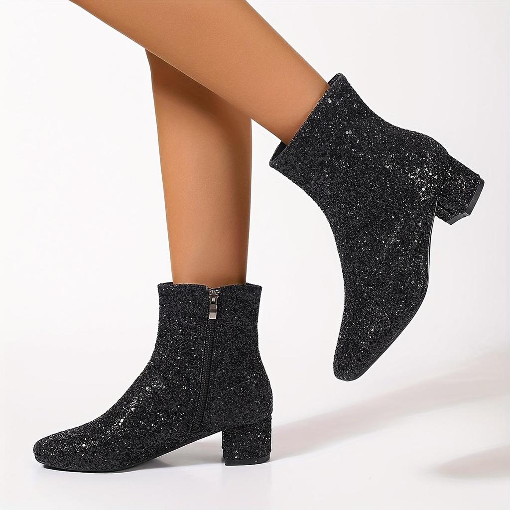 Women's Chelsea Sequins Boots Round Toe Chunky Heel Soft Padded Insole Elegant Chic Short Boots for Fall and Winter