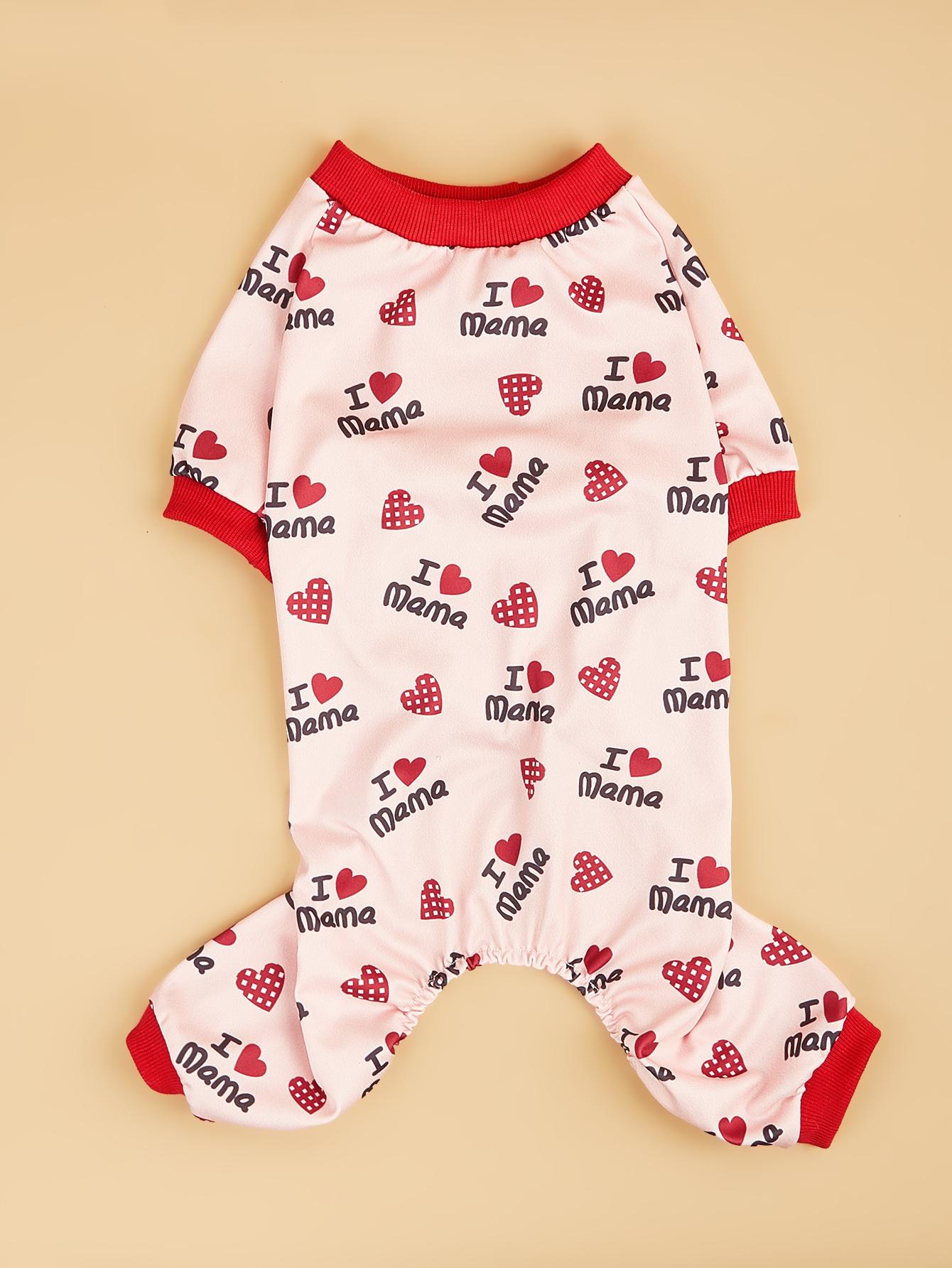 Pet Clothes Dog Heart Printed Jumpsuit I LOVE mama I LOVE papa Pajama Clothes for Doggy Dog Cat Apparel Costume PJs for Daily XS（old）