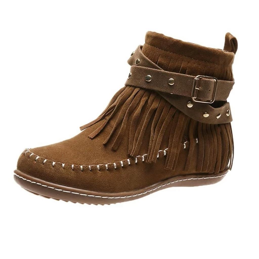 Women's Boots Short Boots Autumn and Winter New Large Size Rivet Flat Bottom Fringed Boots Children
