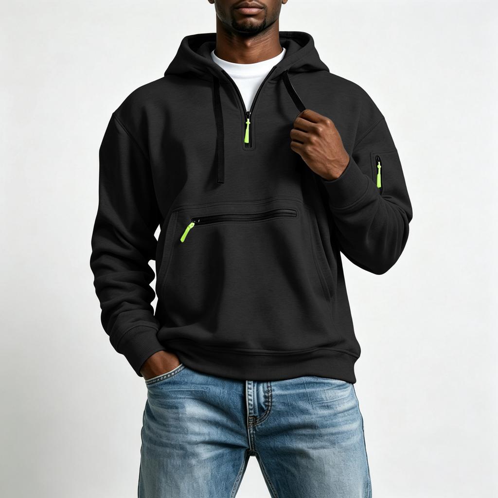 Men's Half Zip Hoodie with Decorative Pockets for Outdoor Sports and Casual Wear