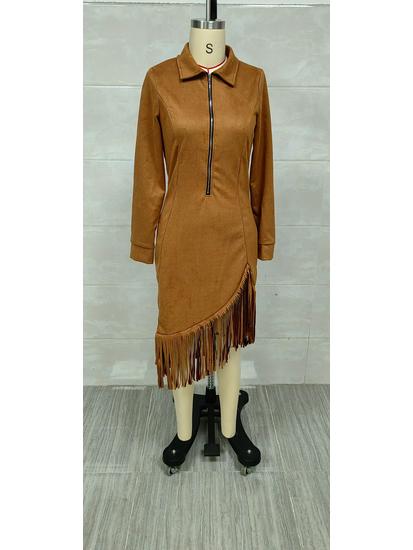 2025 Western Cowboy Style Suede Tassel Slim Fit Long Sleeve Dress