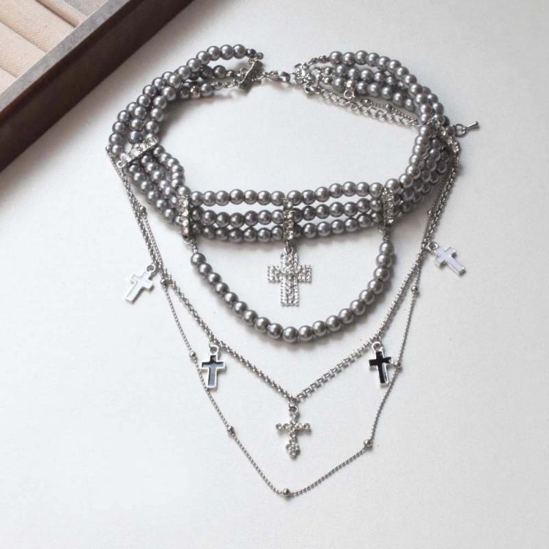 Layered Tassel Cross Pendant Pearl Necklace Women Alloy Choker Chain Geometric Boho Chic Statement Jewelry
